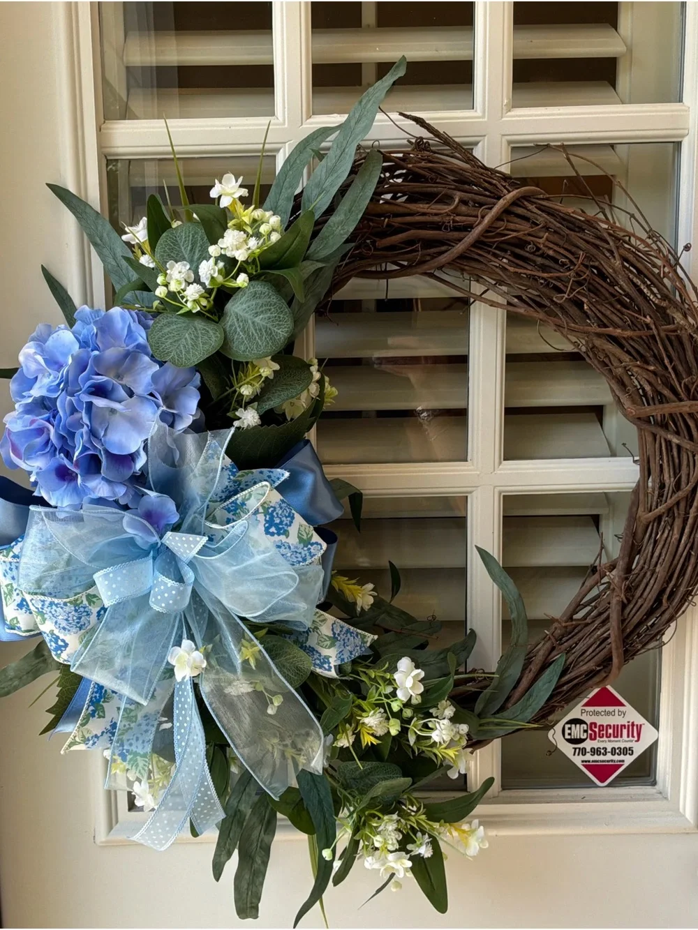 Blue Hydrangea & Greenery Holiday Wreath with Ribbon